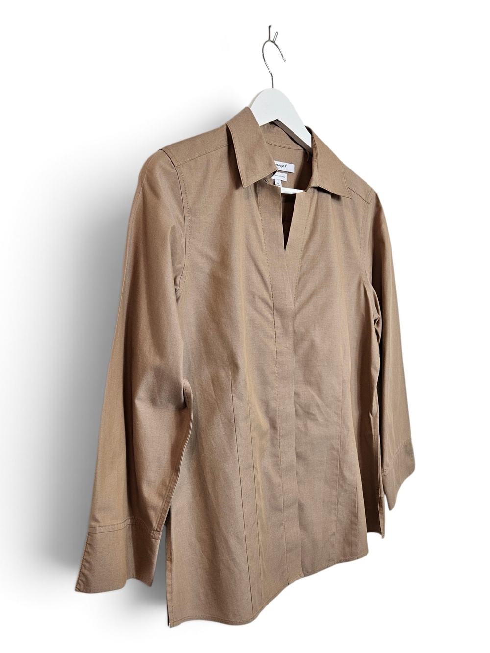 Foxcroft Blouse Size 8 Taylor Heritage No-Iron 3/4 Sleeve Cotton Shirt Khaki Tan